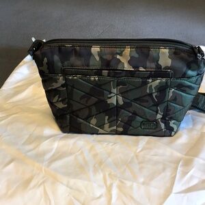 Lug crossbody bag in camo with adjustable strap.